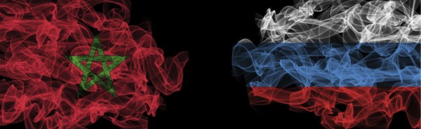 Flags of Morocco and Russia on Black background, Morocco vs Russia Smoke Flags