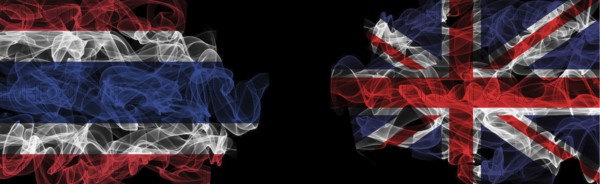 Flags of Thailand and United Kingdom on Black background, Thailand vs United Kingdom Smoke Flags