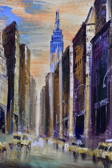 Manhattan, New York City, New York, USA, North America, Artist's impression of a street scene with tall buildings and the Empire State Building, North America