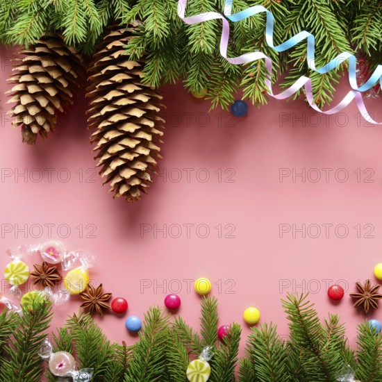 Flat lay design of Christmas greeting card of fir twigs cones, paper streamer, candies and spices on pink background. Space for text