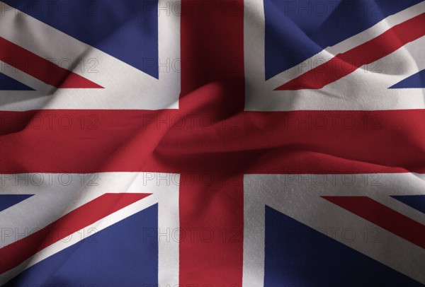 Closeup of Ruffled United Kingdom Flag, United Kingdom Flag Blowing in Wind
