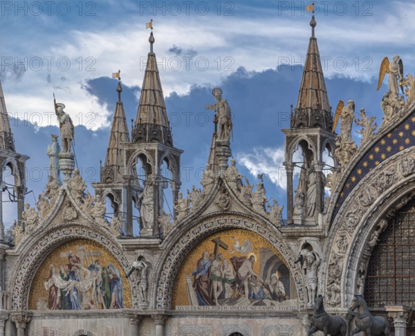 Architectural fragment of basilica. Patriarchal Cathedral Basilica of Saint Mark is cathedral church of Roman Catholic Archdiocese of Venice, Italy, Europe