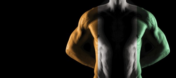 Ivory Coast flag on muscled male torso with abs, black background