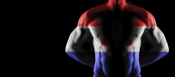 Croatia flag on muscled male torso with abs, black background