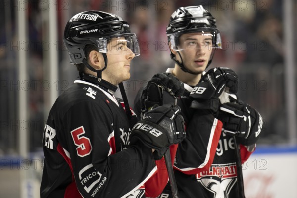 Cologne, LanxessArena, North Rhine-Westphalia, Kevin Niedenz (Koelner Haie, #46), Robin van Calster (Koelner Haie, #5), PENNY DEL, Kölner Haie- Iserlohn Roosters on 19/01/2025 at the LanxessArena in Cologne Germany