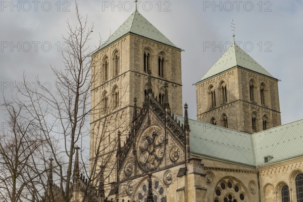 Two gothic towers of the cathedral rise behind a leafless tree under a cloudy sky, Münster, westphalia, germany