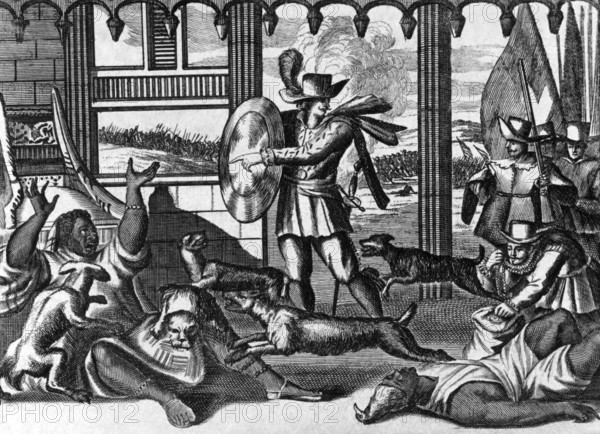 The Dogs of Vasco Nunez de Balboa Attacking the Indians on engraving from 1700s