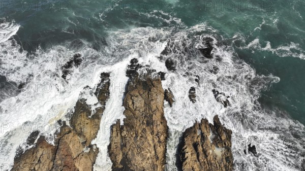 Drone aerial view of arco Calan coast near Constitucion Chile, Pacific ocean, Top view