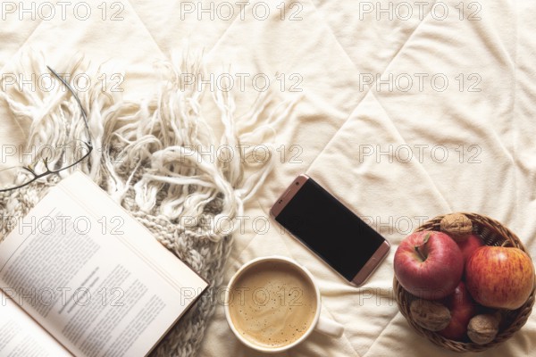 Coziness concept with an open book on a wool shawl, a basket with apples and nuts, a phone and a cup of hot cocoa on a fluffy, fleece blanket
