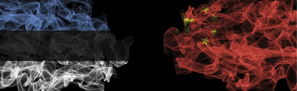 Flags of Estonia and China on Black background, Estonia vs China Smoke Flags