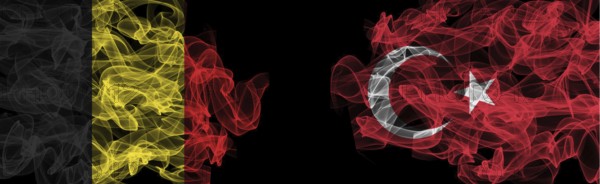 Flags of Belgium and Turkey on Black background, Belgium vs Turkey Smoke Flags