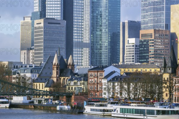 View of embankment of Main in Frankfurt old town, Germany, Europe