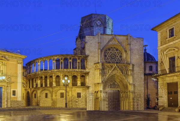 Valencia Cathedral or Basilica of the Assumption of Our Lady of Valencia, Spain. In evening