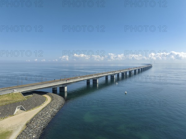 Aerial view of the Great Belt Bridge in Denmark. It connects the islands of Funen and Sealand across the Great Belt