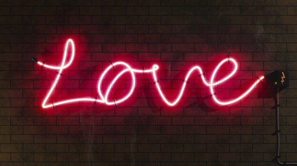 Love sign neon letters at a brick wall 3D illustration