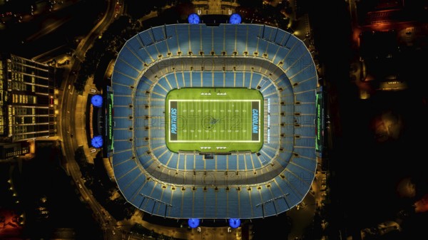 Night aerial view of the Bank of America Stadium, home of the National Football League Carolina Panthers and MLS Charlotte FC football club