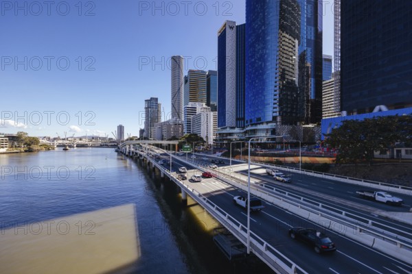 BRISBANE, AUSTRALIA, JULY 29 2023: Brisbane CBD skyline on a winter's morning from Victoria Bridge in Southbank in Queensland, Australia, Oceania