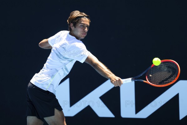 MELBOURNE, AUSTRALIA, JANUARY 11: Flavio Cobolli of Italy on his way to beating Benjamin Hassan of Lebanon in qualifying for the 2024 Australian Open at Melbourne Park on January 11, 2024 in Melbourne, Australia, Oceania