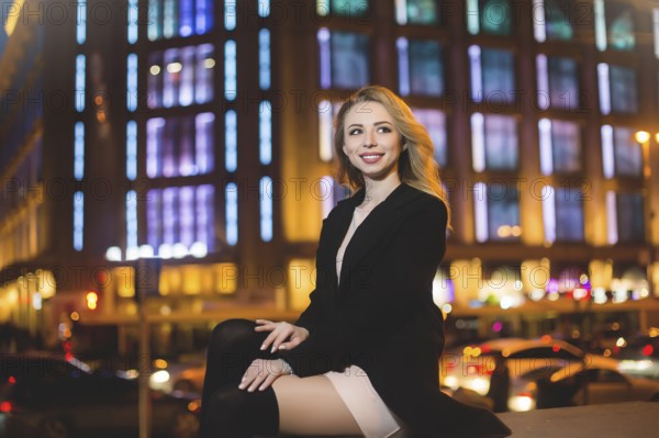 Portrait of Beautiful young woman in black on a background of a night city. night life