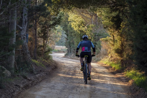 Mountain biker on the greenway Sant Francesc-La Mola, Formentera, Pitiusas Islands, Balearic Community, Spain, Europe