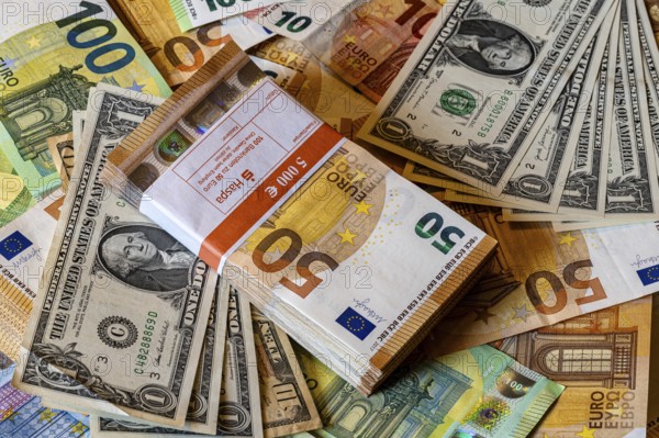 Banknotes, euros and US dollars, piles and bundles