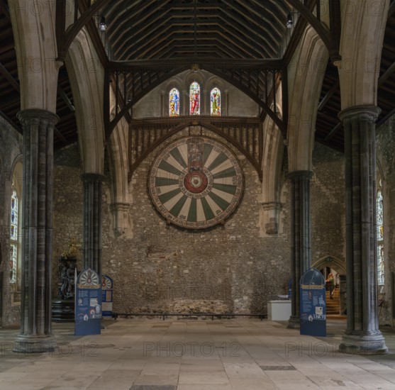 Winchester, United Kingdom, 8 September, 2022: interior view of The Great Hall and the Round Table of King Arthur in the Winchester Castle, Europe