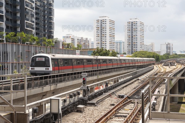 18.03.2020, Singapore, Republic of Singapore, Asia, An MRT metro light railway runs on the urban rail network through a residential area with high-rise buildings in the east of the city state, Asia