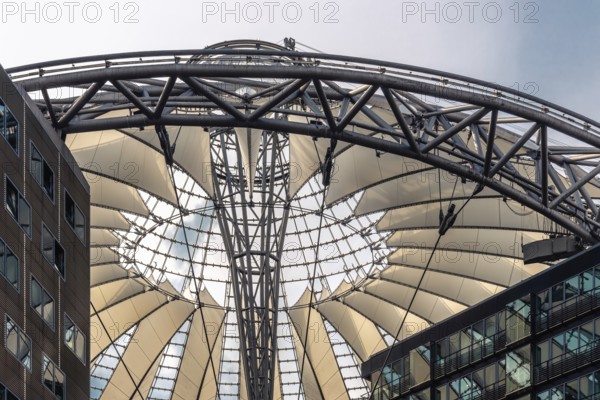 Berlin, Germany, July 28, 2019: Low angle view of the Sony Center. It is a Sony-sponsored building complex located at the Potsdamer Platz in Berlin, Europe