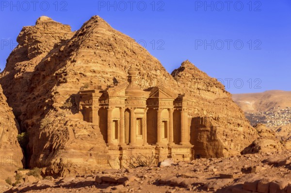 Ad Deir Monastery in the ancient city of Petra, Jordan sunset panoramic view, UNESCO World Heritage Site