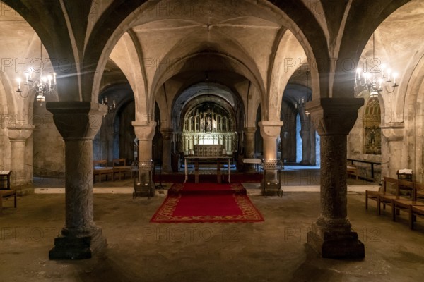Canterbury, United Kingdom, 10 September, 2022: view of the underground crypt inside the Canterbury Cathedral, Europe