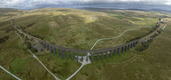 Ribblehead Viaduct, railway viaduct in the Yorkshire Dales, drone image, Carnforth, England, Great Britain