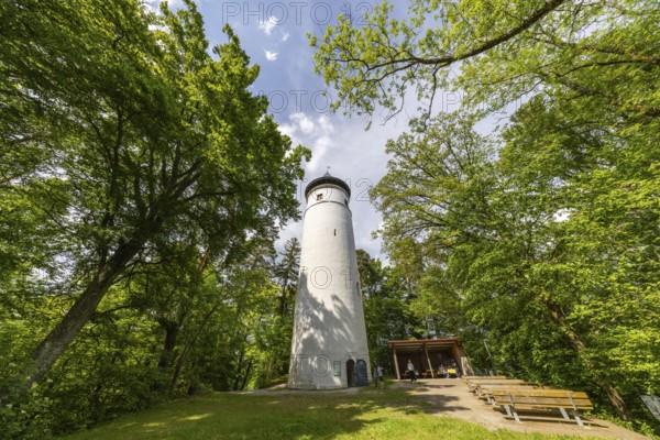 A white observation tower in a park, surrounded by green trees and a small seating area in summer, Aachtobel, Hohenbodman, Owingen, Lake Constance district, Baden-Württemberg, Germany, Europe
