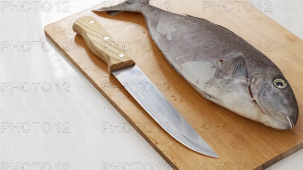 A horseface unicorfish or naso fageni fish and a knife on a wooden cutting board ready for cooking preparation