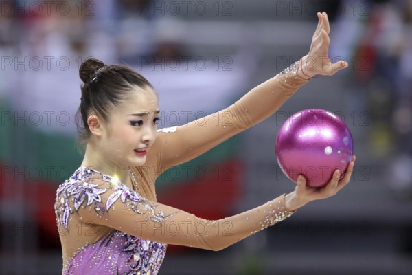 Sofia, Bulgaria - 1 April, 2018: Kaho Minagawa Japan performs with ball during Rhythmic Gymnastics World Cup Sofia 2018. Individual tournament