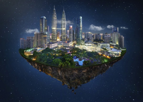 Fantasy island floating in the air with modern city skyline and lake garden, Night scene