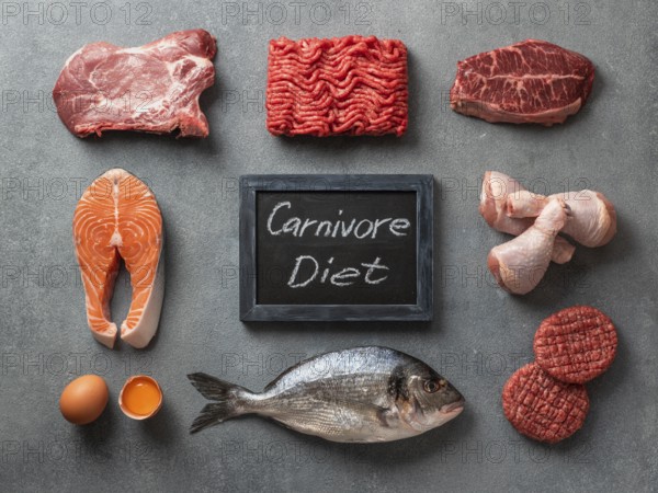 Carnivore diet concept. Raw ingredients for zero carb diet - meat, poultry, fish, seafood, eggs, beef bones for bone broth and words Carnivore Diet on gray stone background. Top view or flat lay