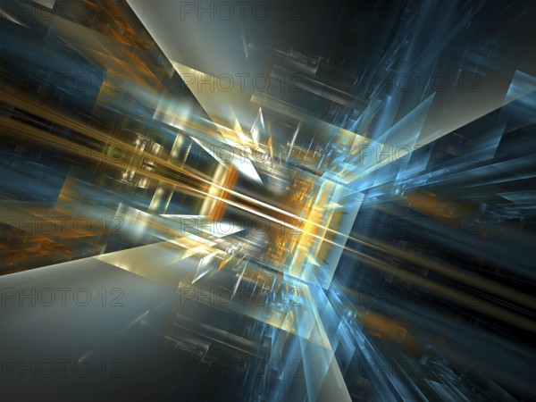 Abstract computer-generated 3d illustration. Entrance to virtual reality Science fiction, big data or future technology background. Glass walls of buildings in futuristic city