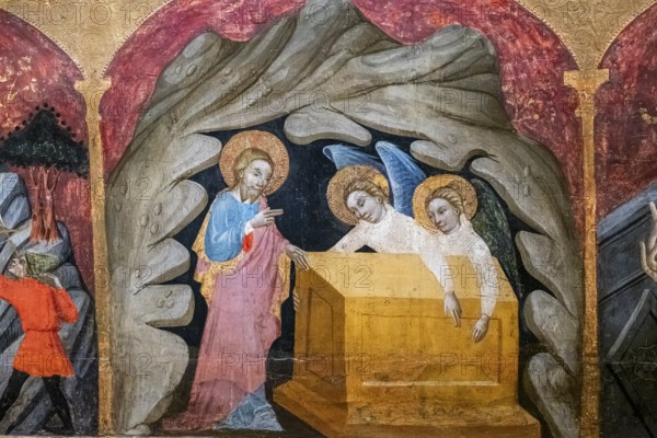 Tomb of moses, altarpiece of the saints archangels, Gabriel Moger, 1407, tempera on wood, Puig de Pollensa monastery of the virgin Mary, Majorca, Spain, Europe