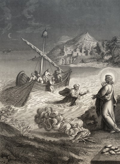The miraculous catch of 153 fish, Resurrection of Jesus, New Testament, steel engraving 1853, digitally restored