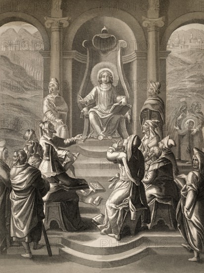Jesus with the scholars in the Temple, Steel engraving 1853, digitally restored