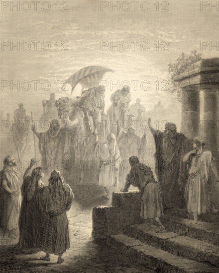 Isaac meets Rebekah, woodcut by Gustave Doré