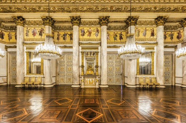 Turin, Italy, 17 november 2023: baroque ballroom interior in Royal Palace, 1842. Luxury marble, antique chandelier, classic floor, Europe
