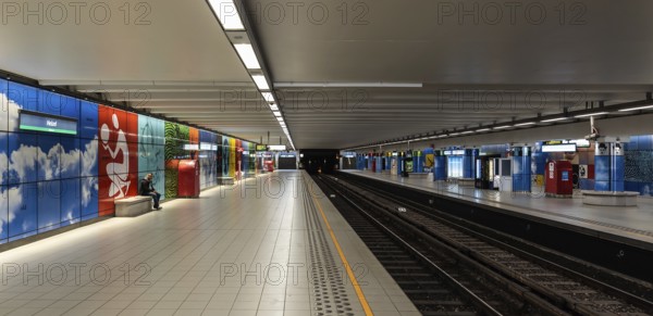 Brussels Old Town, Brussels Capital Region, Belgium, 04 09 2020 Blue interior design of the Heysel Heizel metro station with empty platforms during lockdown, Europe