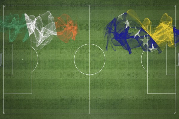 Ireland vs Bosnia and Herzegovina Soccer Match, national colors, national flags, soccer field, football game, Competition concept, Copy space