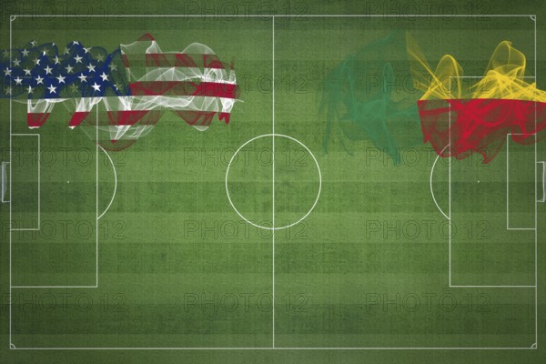 United States vs Benin Soccer Match, national colors, national flags, soccer field, football game, Competition concept, Copy space