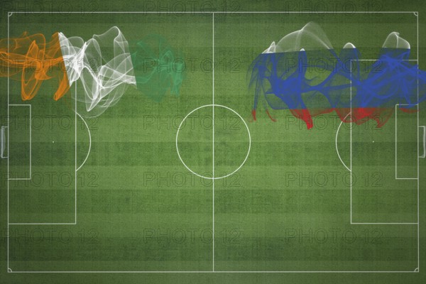Ivory Coast vs Russia Soccer Match, national colors, national flags, soccer field, football game, Competition concept, Copy space