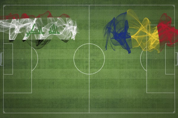 Iraq vs Romania Soccer Match, national colors, national flags, soccer field, football game, Competition concept, Copy space