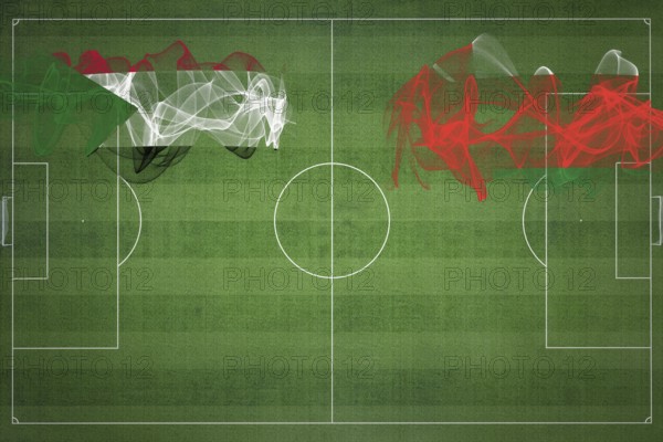 Sudan vs Oman Soccer Match, national colors, national flags, soccer field, football game, Competition concept, Copy space