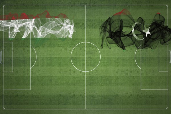 Hungary vs Libya Soccer Match, national colors, national flags, soccer field, football game, Competition concept, Copy space