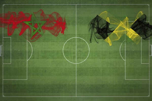 Morocco vs Jamaica Soccer Match, national colors, national flags, soccer field, football game, Competition concept, Copy space